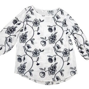 Kindred Anthropologie Blouse Top XL White Black Floral Embroidered Boho